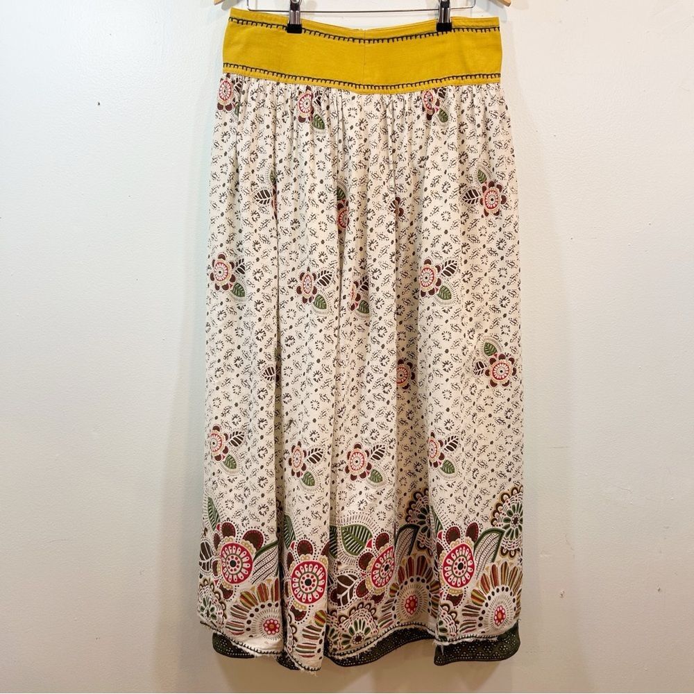 Promod France Womens EU 38 Gold Green White Floral Maxi Tiered Lace Skirt Cotton